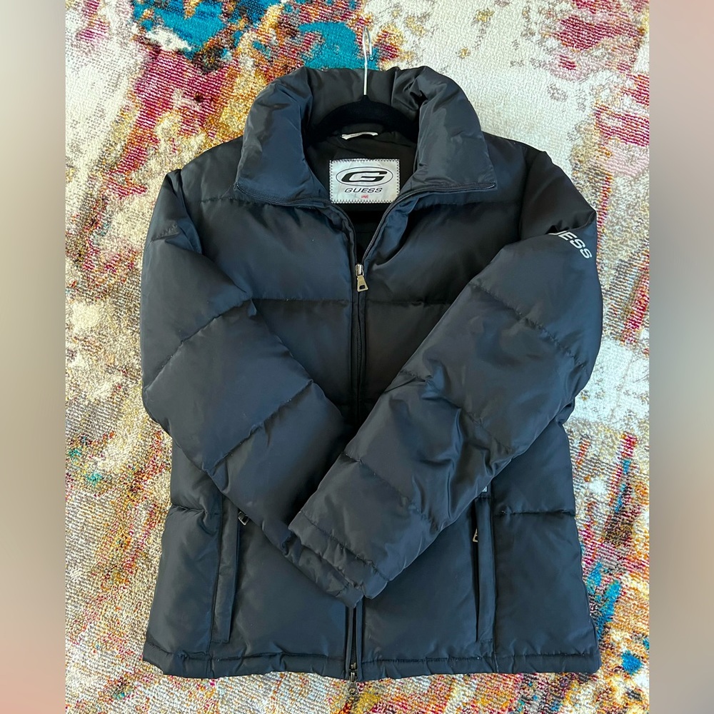 EUC Vintage Guess down puffer coat women’s small black zip up jacket unisex top - Picture 1 of 16